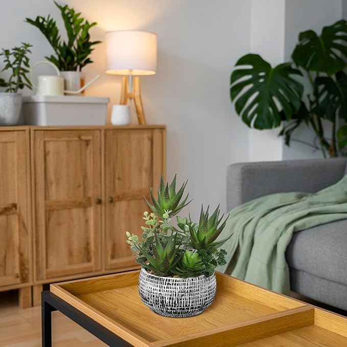 11” Large Succulents Aloe Plants Artificial in Ceramic Pots Potted Faux Succulent Eucalyptus Arrangement with Black Bowl Pots Fake Desk Succulents Plants for Home Bathroom Shelf Table Indoor Decor
