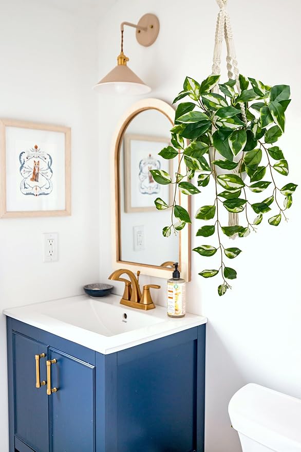 Briful Macrame Hanging Plant with Fake Pothos in White Pot, White N' Joy Faux Hanging Decor for Home Ceiling, Farmhouse Kitchen