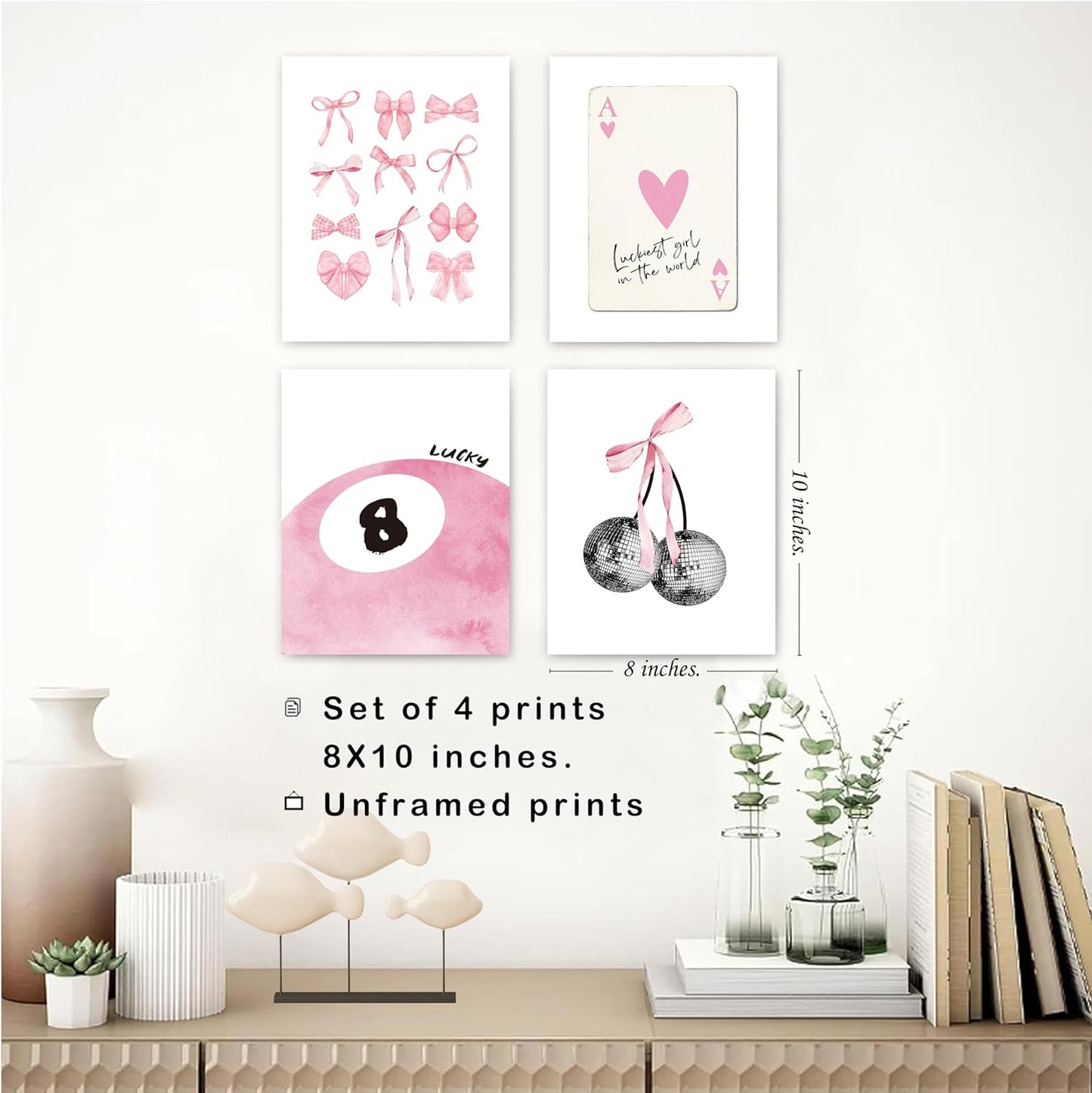 Pink Coquette Trendy Preppy Wall Art Prints Set of 4, Coquette Room Decor, Preppy Room Decor Aesthetic, Pink Bow Disco 8 Ball Cherry Wall Decor Posters for Girls Bedroom Dorm, 8x10 Unframed