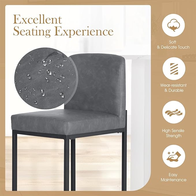 Sophia & William Bar Stools, Counter Height 24" Bar Stools for Kitchen Island, Modern PU Leather Metal Counter Stools,Grey,1 Pack