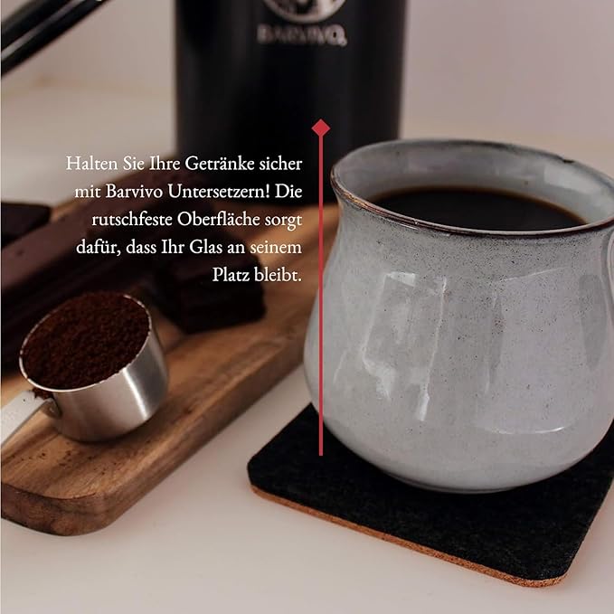 Barvivo Classic Felt Coasters for Drinks - Set of 8 Cork Coasters with Felt Side for Indoor and Outdoor Tabletop Protection, Anti Slip, Absorbent, Suitable for Drinks & All Table Types - Black Design