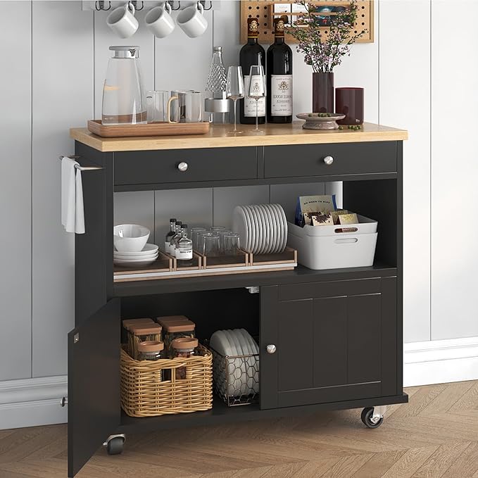 Rolling Kitchen Island with Storage Cabinet, 35.4'' Width Kitchen Cart, 2 Drawers Island Table, Portable Mobile Kitchen Island with Towel Rack, Wood Top and Lockable Wheels, Black