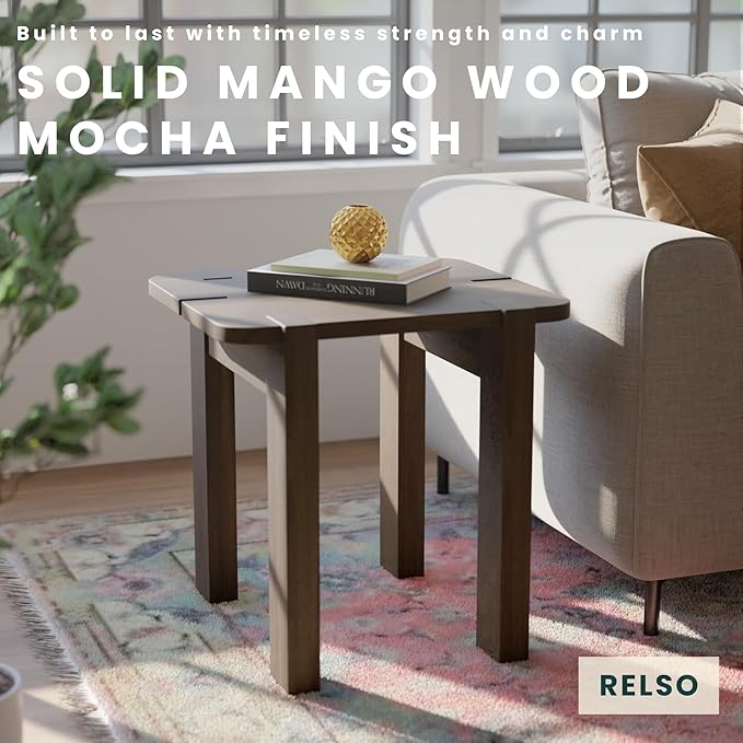 Mocha Mango Wood Accent Table - Handcrafted Coffee Finish Side Table for Living Room, Bedroom, Entryway, Patio, Pool | Small Sofa Shelf, Plant Stand, Nightstand | Outdoor & Indoor use | Easy Assembly