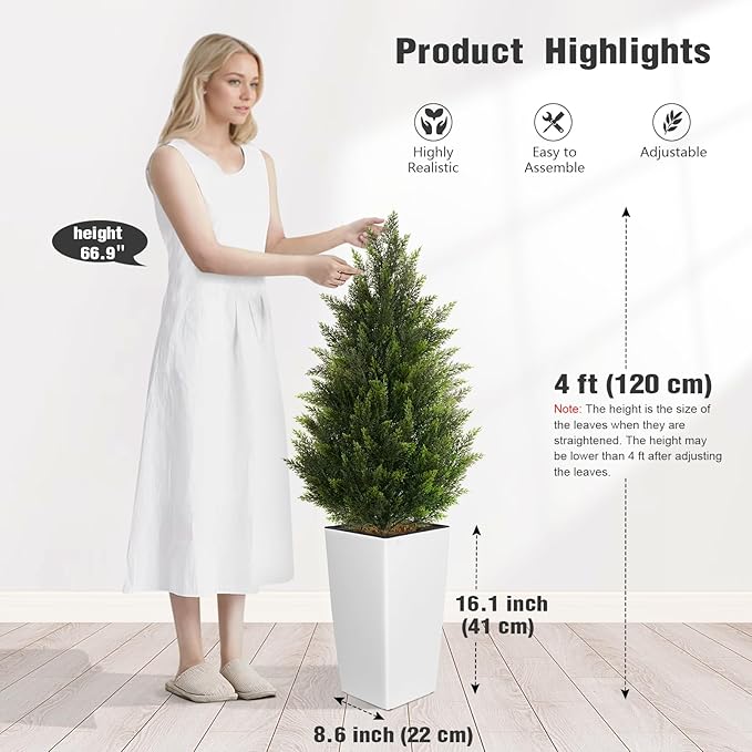 4FT Tall 2 Set Artificial Topiary Cedar Tree, Indoor Realistic Faux Cypress Plants with Square Flowerpot, Outdoor Evergreen Fake Shrubs for Home Living Room Front Porch Decor