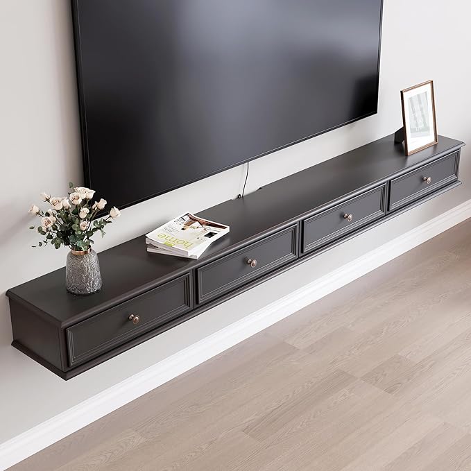 86-inch Wall-Mounted TV Stand, Accommodates 50- to 75-inch TVs, Features Hidden Cable Management, high Weight Capacity, and Space-Saving Black Floating TV Stand