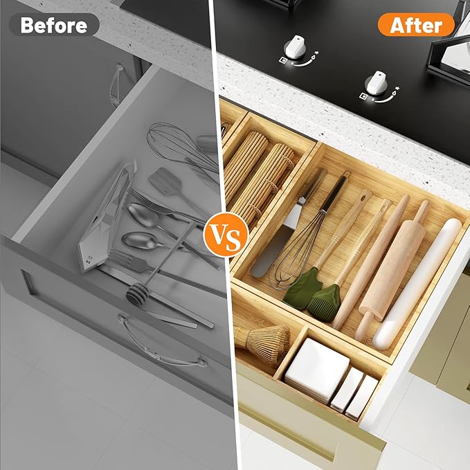 SpaceWhisper Bamboo Drawer Organizer, 5-Piece Drawer Divider with Removable Dividers for Organization and Storage, Multi-Use Stackable Storage Box & Utensil Holder for Kitchen, Office, Makeup & More