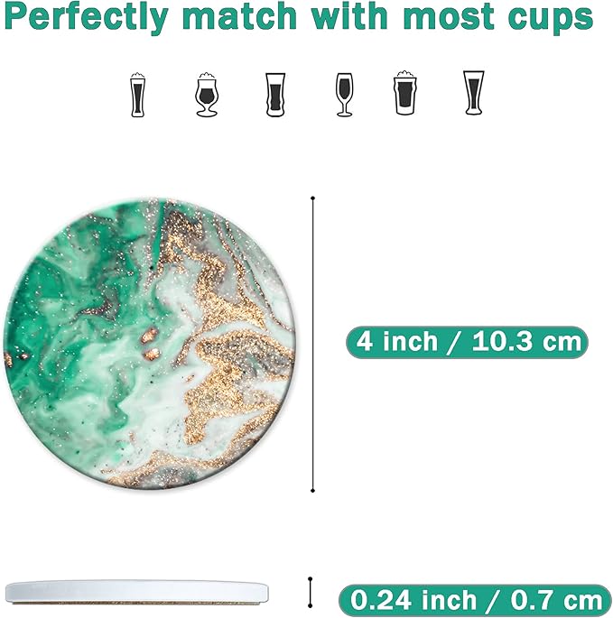 Dooke Coasters for Drinks,Round Absorbent Ceramic Stone Coasters Set of 6 with Cork Base,Funny Drink Coasters with Holder for Cold Drinks Wine Cups Tabletop Protection,4 Inches,Turquoise Green Marble