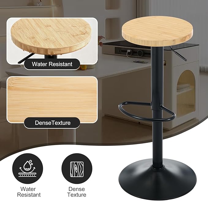 Bamboo Backless Bar Stools Set of 2, Swivel Bar Stools, Adjustable Bar Stools, Modern Bar Stools with Hard Seat, Backless Counter Height Barstools for Kitchen Island, Cafe, Dining Room, Black