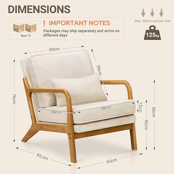 Modern Accent Chair Set of 2 with Lumbar Pillow, Relaxing Mid Century Chair Armchair with Solid Wood Frame & Soft Cushion, Reading Leisure Armchair for Living Room, Beige