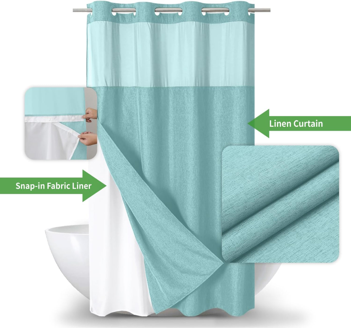 Stall No Hooks Needed Linen Textured Shower Curtain with Snap-in Fabric Liner Set,Hotel Luxury Decor Farmhouse Shower Curtains for Bathroom,Waterproof & Washable,54Wx80H,Teal