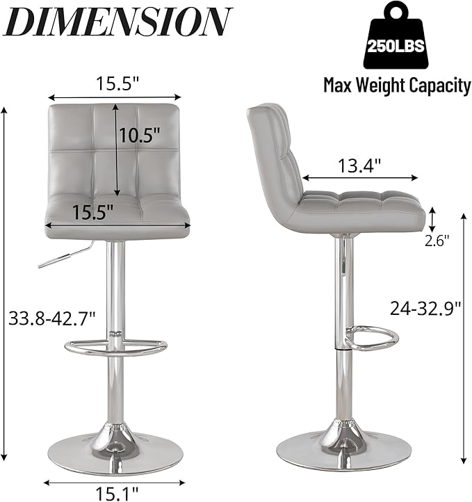 Modern PU Leather Bar Stools Set of 2, Adjustable Swivel Square Bar Chairs, Armless Counter Height Barstools with Back and Large Base for Island/Kitchen(Gray)