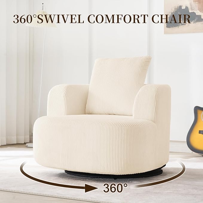 Furnimart 360° Swivel Barrel Accent Chair, Round Upholstered Comfy Lounge Chair, 34“ Corduroy High-Resilienc Foam Single Sofa, No Assembly Wide Seat for Living Room, Bedroom, Apartment (Beige)