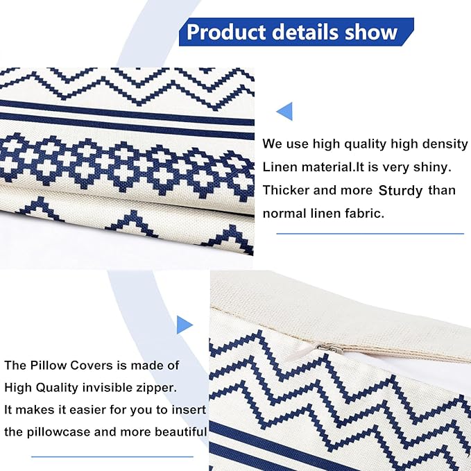 Decorative Throw Pillow Covers Set of 2 Blue Boho Pillow Covers 16x16 Inch Throw Pillow Cover Linen Pillowcase Modern Farmhouse Outdoor Pillow Covers for Couch Sofa Bed Living Room