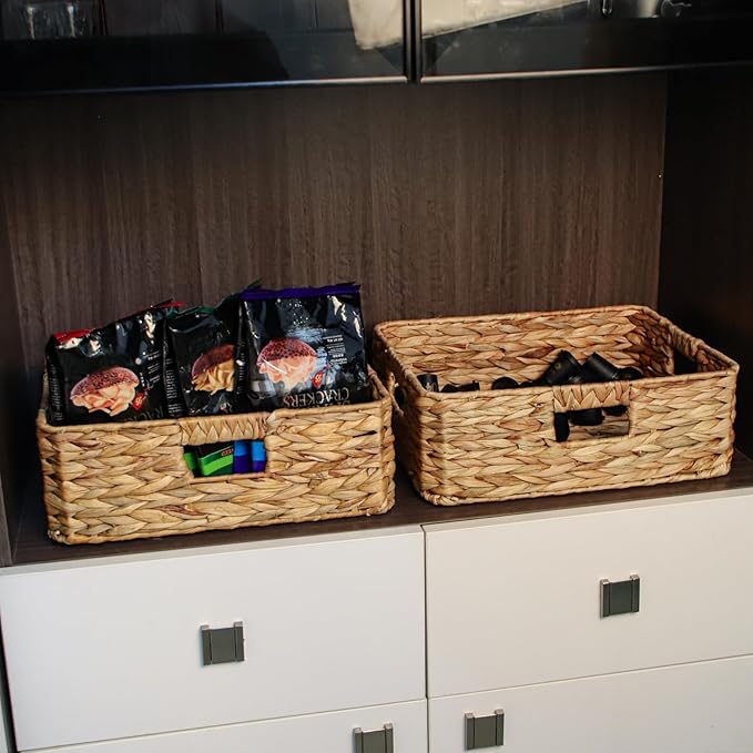Rectangular Water Hyacinth Storage Baskets, Wicker Storage Baskets for Shelves, Square Shallow Basket, Woven Drawer Basket With Handle, 13” L x 10.6” W x 4.5” H