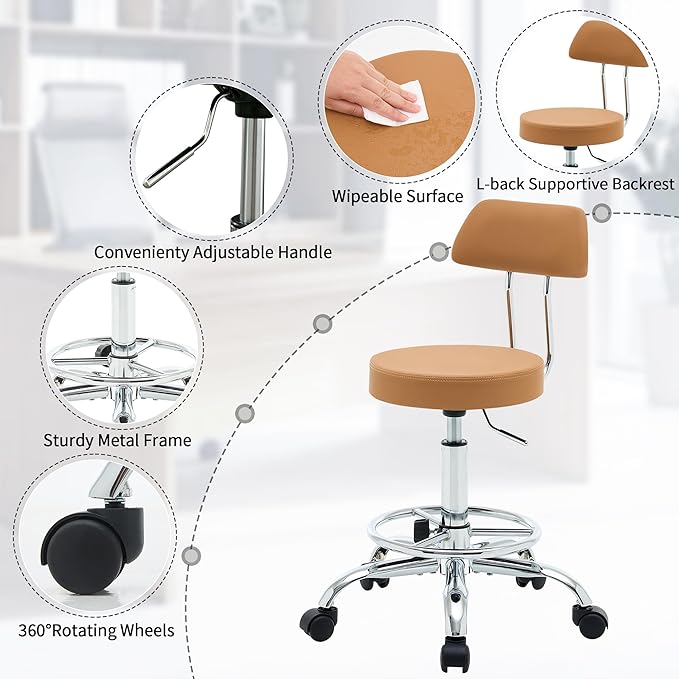 Ergonomic Desk Stool(Sturdy Rolling Stool with Back)(Swivel Armless Office Chair 19.5"-26.6") Adjustable Footrest Salon Chair (Camel Brown)