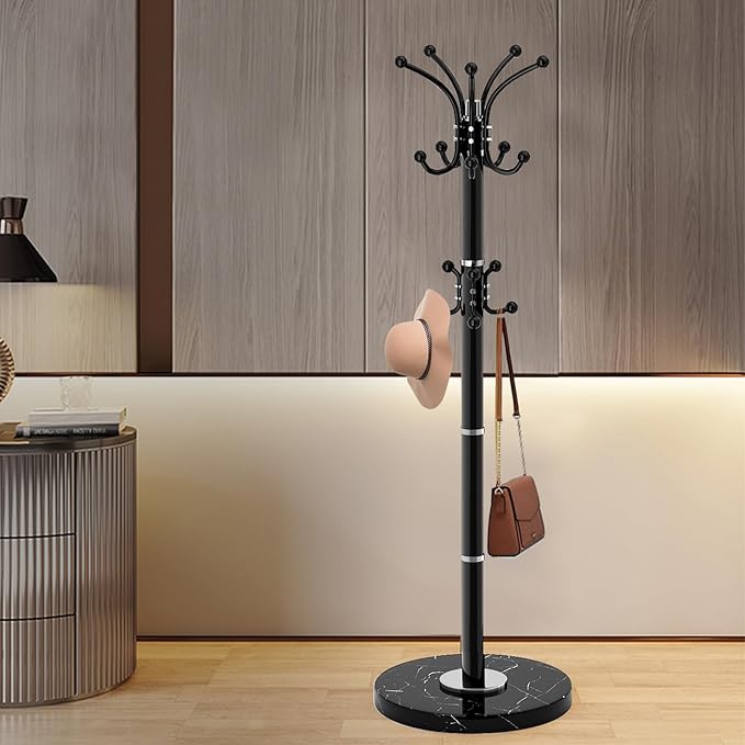 Modern Metal Coat Rack Stand, Coat Rack Freestanding with Natural Marble Base, 360°Rotary Design Sturdy Coat Racks with 16 Hooks, White Coat Hall Tree Stand for Entryway (Black)