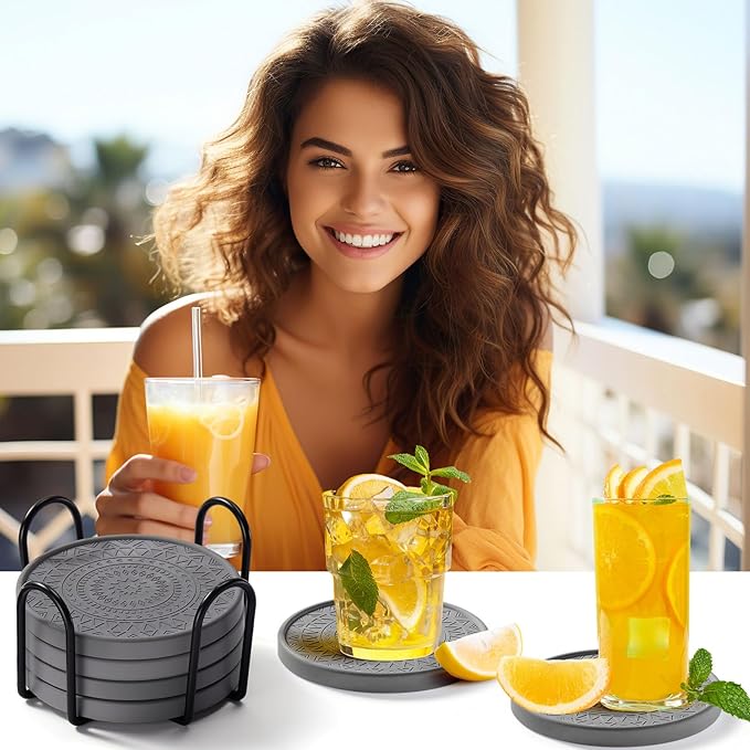 Photect Diatomaceous Earth Coasters Set with Holder Absorbent Stone Drink Coasters Instant Drying Tray for Tabletop Protection Home Decoration Housewarming Gift(Black,4 Pcs)