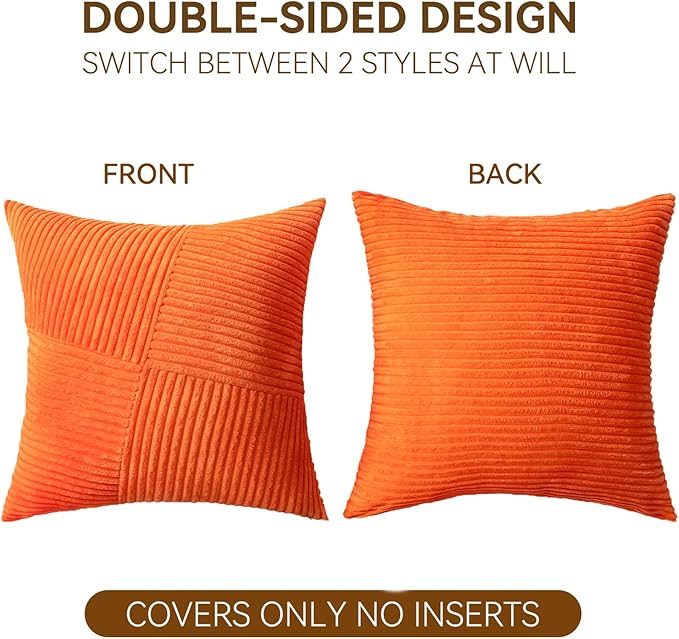 Decorative Throw Pillow Covers 20x20 Inch Set of 2 for Boho Living Room Farmhouse Home Decor, Spring Pillow Covers for Couch Bed, Soft Corduroy Striped Patchwork Cushion Cases, Orange