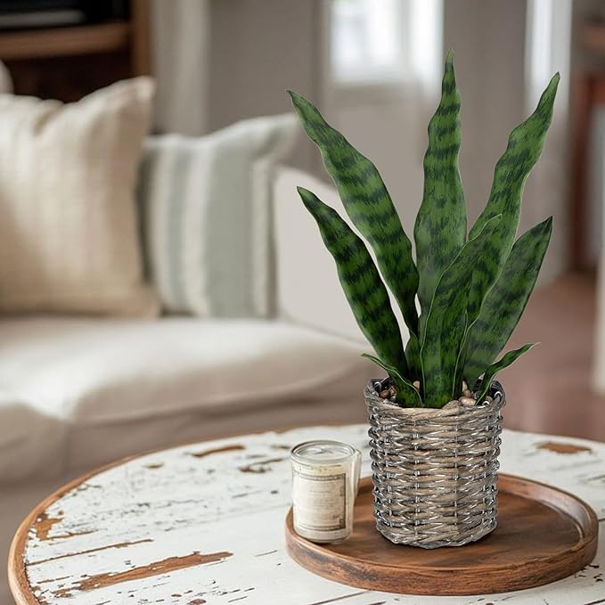 DILATATA Artificial Snake Plant 15 Inch Fake Sansevieria with Woven Basket Pot, Fake Mother in Law Plants Faux Potted Plant Greenery for Home Office Decor Indoor - Green