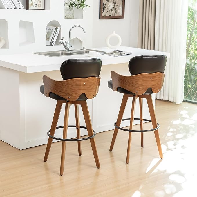 26.7” Swivel Bar Stools Set of 2,Black Faux Leather Counter Height Stools with Armrest and Fishtail-Shaped Back,Mid Century Modern Barstools,Walnut Bar Chair for Kitchen Island or Home Bar
