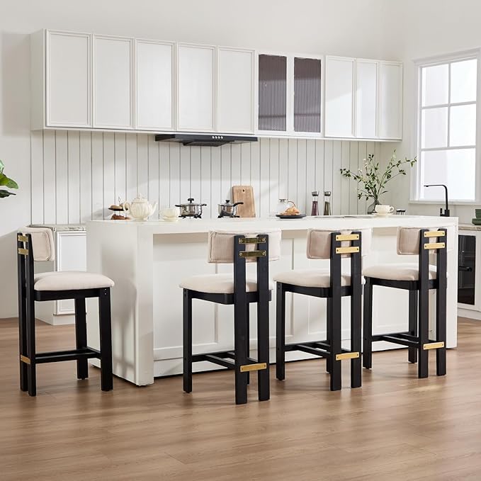26' Counter Stools Set of 4 Modern Farmhouse Linen Upholstered Kitchen Bar Stools with Back and Black Solid Wood Legs, Beige