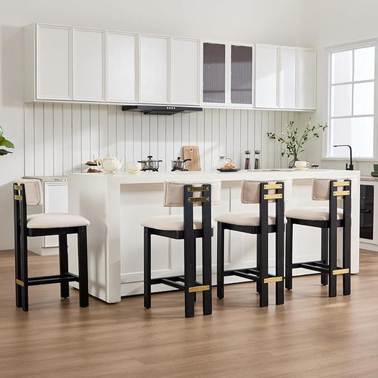 26' Counter Stools Set of 4 Modern Farmhouse Linen Upholstered Kitchen Bar Stools with Back and Black Solid Wood Legs, Beige