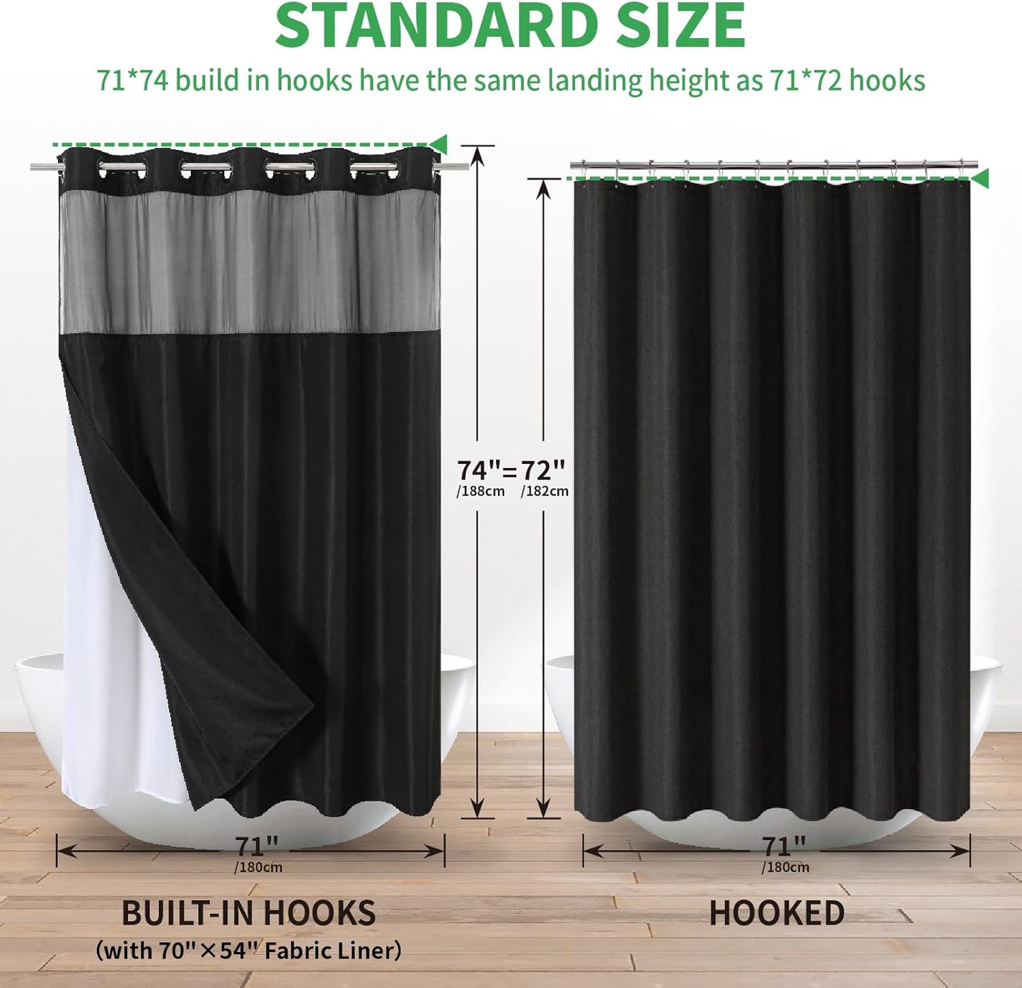 No Hooks Needed Linen Textured Shower Curtain with Snap-in Fabric Liner Set,Black Hotel Luxury Decor Shower Curtains for Bathroom with Mesh Top Window,Waterproof & Washable,71Wx74H