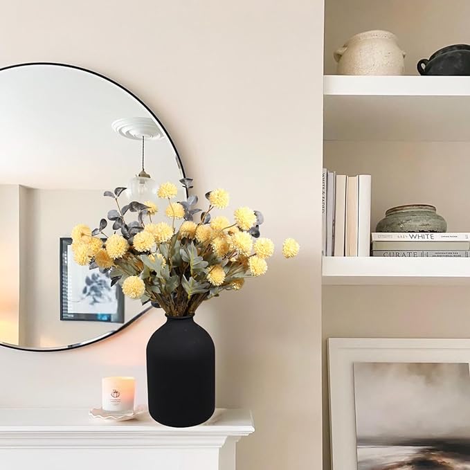 Yellow Flowers Artificial Long Stems Kiku Flower With Eucalyptus, Spring Flowers Decor, Mustard Yellow Decor, Flores Amarillas Artificiales Para Decoracion, Faux Easter Spring Summer Floral Stems