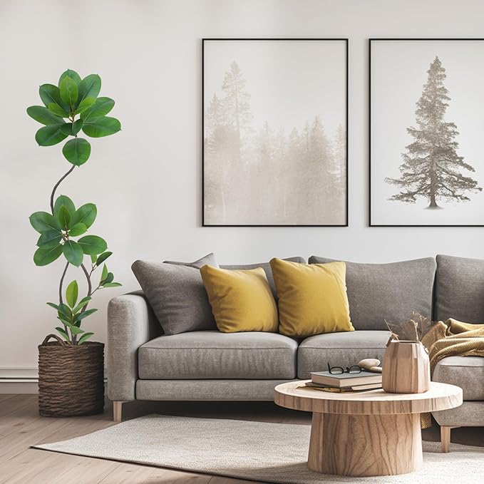 Artificial Rubber Tree Plant, 5.3ft Tall Green with Round Planter, All Season Home Decor (Green,5.3ft)