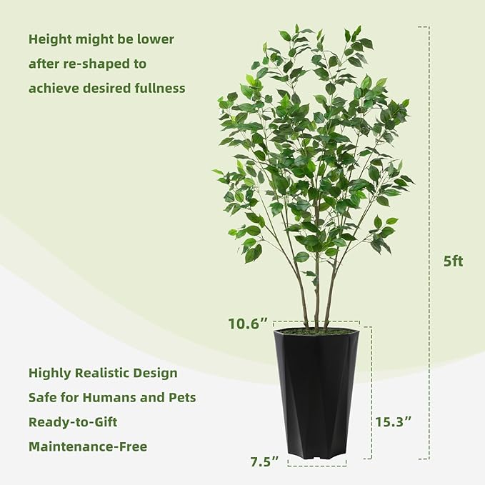 Artificial Ficus Tree 5FT - Faux Plant with Black Diamond Planter - Tall Fake Tropical Ficus Floor Plant Potted - Artificial Silk Tree for Home Office Living Room Decor Indoor