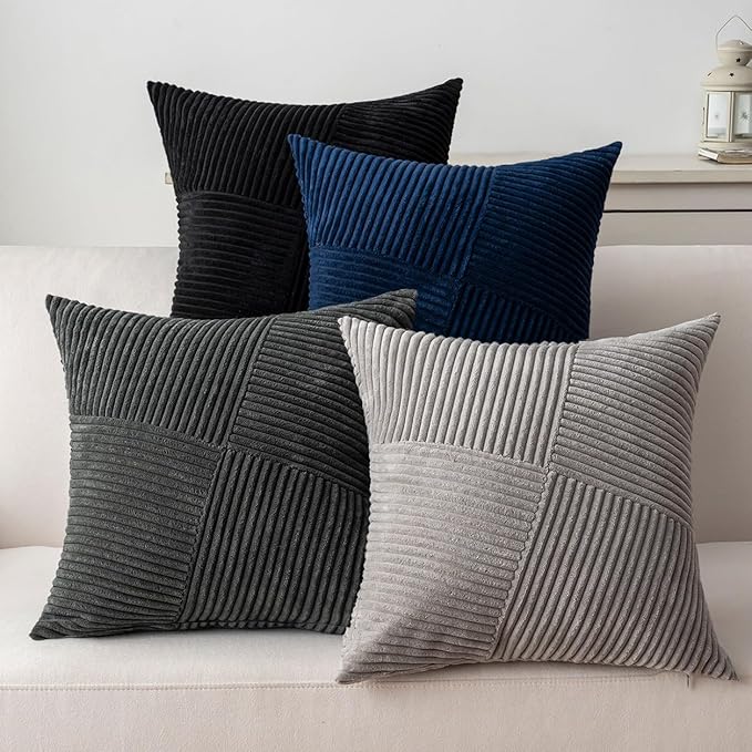 Decorative Throw Pillow Covers 20x20 Inch Set of 4 for Boho Living Room Farmhouse Home Decor, Spring Pillow Covers for Couch Bed, Soft Corduroy Striped Patchwork Cushion Cases, Cool Colors