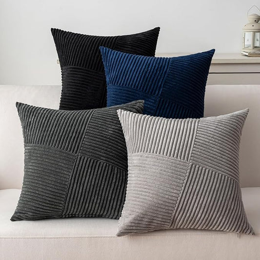 Decorative Throw Pillow Covers 20x20 Inch Set of 4 for Boho Living Room Farmhouse Home Decor, Spring Pillow Covers for Couch Bed, Soft Corduroy Striped Patchwork Cushion Cases, Cool Colors