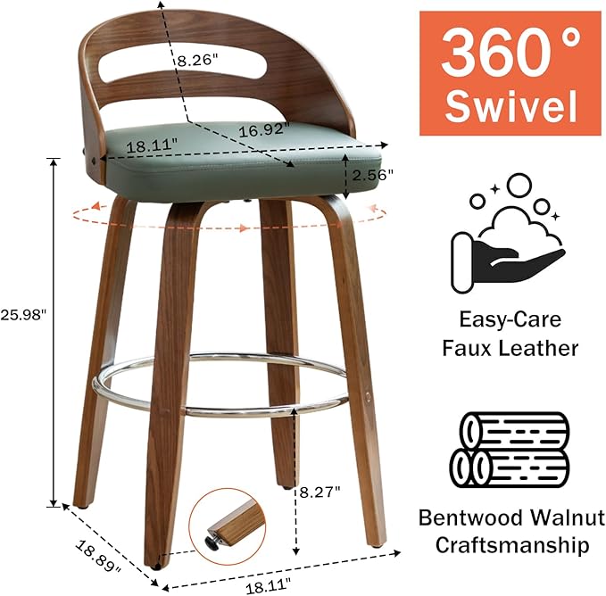 Counter Stools Set of 1, Counter Height Bar Stool with Walnut Crafts, Bentwood Curved Back, Upholstered Faux Leather, Soft Cushion Seat, Swivel Counter Chairs for Island/Pub (Green, 26" Seat Height)