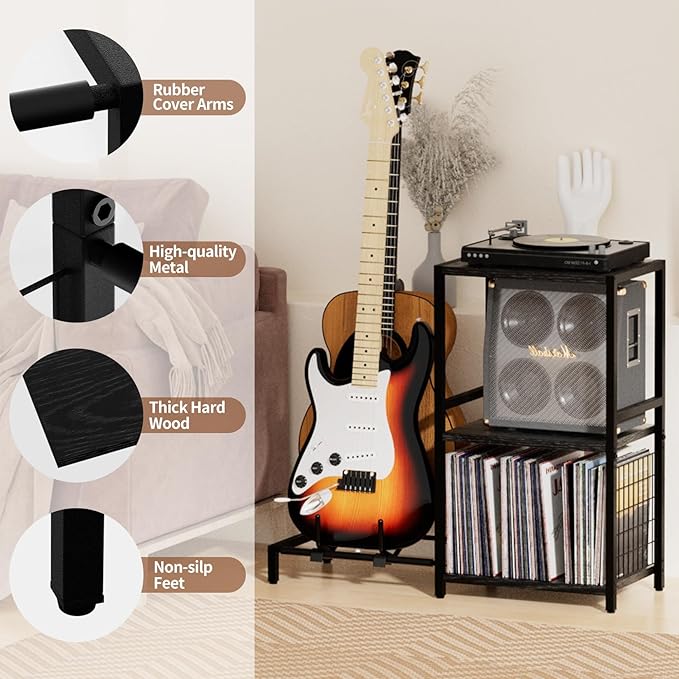 End Table with Guitar Stand,Record Player Stand,Vinyl Records Storage,2-Tier Guitar Stand for Acoustic, Electric Guitar,Bass,Turntable Stand Side Table for Music Room Studio Living Room-Black
