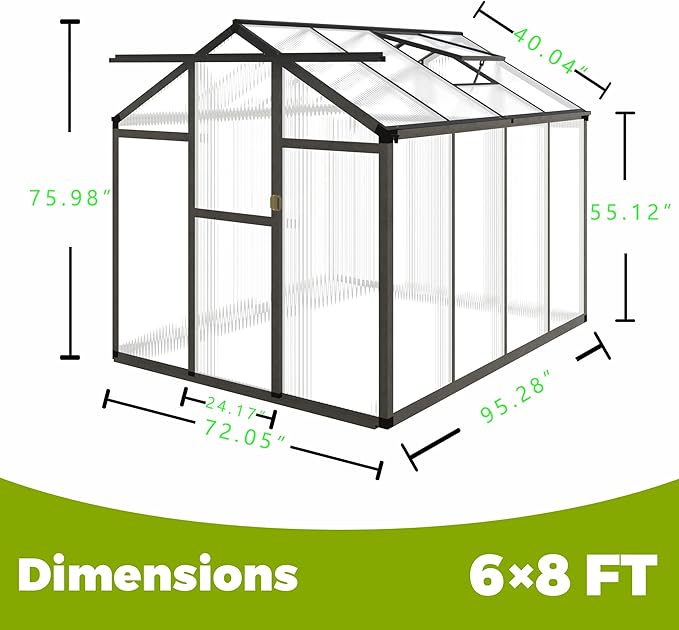 6 x 8 FT Aluminum Greenhouse for Outdoors, Polycarbonate Walk-in Greenhouse with Quick Setup Structure and Adjustable Roof Vent, Dark Gray