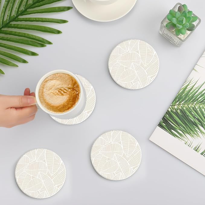 Ceramic Table Coasters for Drinks Set of 2, Cute Desk Office Coasters with Cork, Funny Marble Glass Cup Posavasos Absorbent for Coffee or Plant, Heat-Resistant Protect Furniture (2Pack, Leaf)