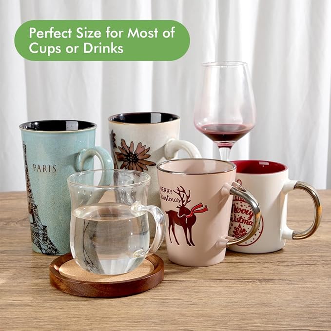 Wood Cork Coasters for Drinks Absorbent with Holder, Large Wooden Coaster for Coffee Table, Cork Coaster for Wooden Table Decor New Home Gifts Mom's Day - Rustic 4.72Inch