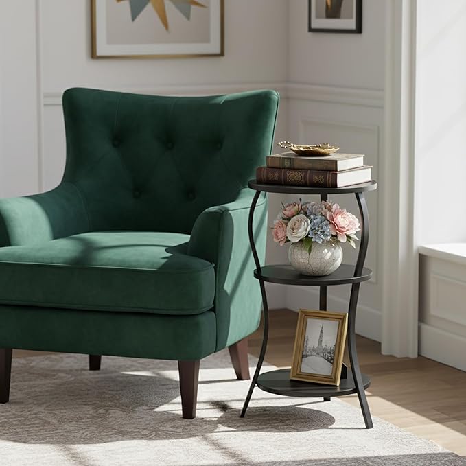 Vintage Small Round Side Table, 3-Tier Slim Waist Circular End Table with Storage Shelf, Compact Tea Sofa Side Table, Round Corner Coffee Table Nightstand for Living Room Bedroom Small Spaces,Black