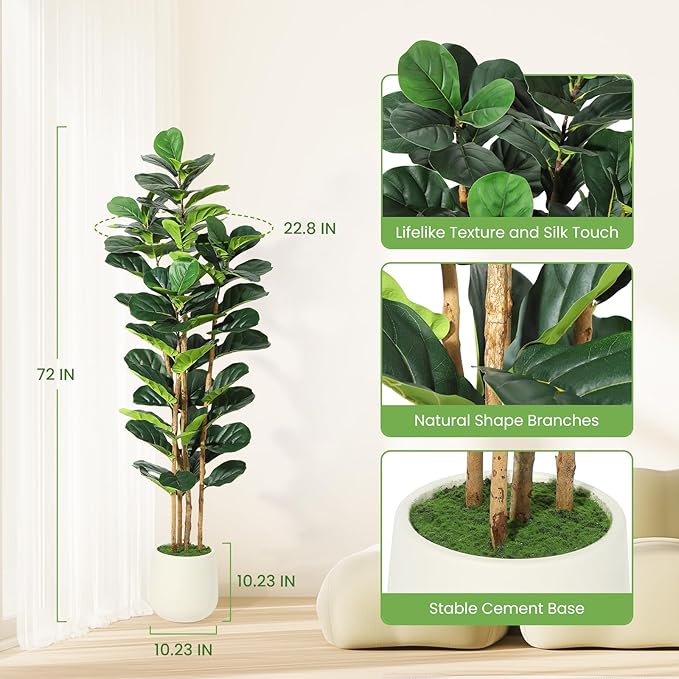 GarveeHome 6FT Faux Fiddle Leaf Fig Tree with White Pot, Faux Trees with Artificial Plants 74 Fiddle Leaves Greenery - Lifelike Fake Tree for Home Office Store Room Decor Indoor Outdoor