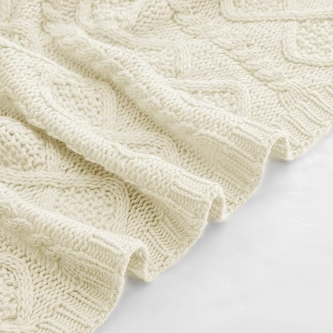 Homiest Cable Knit Throw Blanket & Pillow Set, Cream White Set of 3, Knitted Blanket (50"x60") & 2 Pillow Covers (18"x18"), Soft & Cozy Decorative Set for Couch, Bed, Sofa