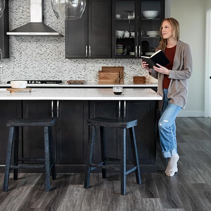 Maven Lane Kitchen Bar Stool, Modern Farmhouse Wood Counter Barstool, Kitchen Island Counterstool, Counter Height Bar Stools For Kitchen, Wide Seat Backless Bar Stools, Vincent 26 Inch, Antiqued Black