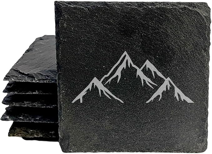 Mountain Majesty Slate Coasters with Stunning Mountain Scene Design - Perfect for Home and Office Decor and Protection of Surfaces, Available in Square or Round Coasters - Square Slate - Set of 5