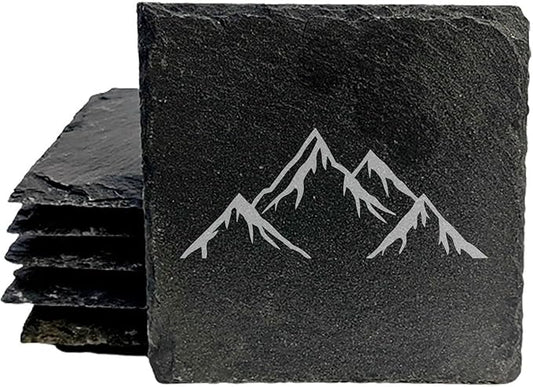 Mountain Majesty Slate Coasters with Stunning Mountain Scene Design - Perfect for Home and Office Decor and Protection of Surfaces, Available in Square or Round Coasters - Square Slate - Set of 5