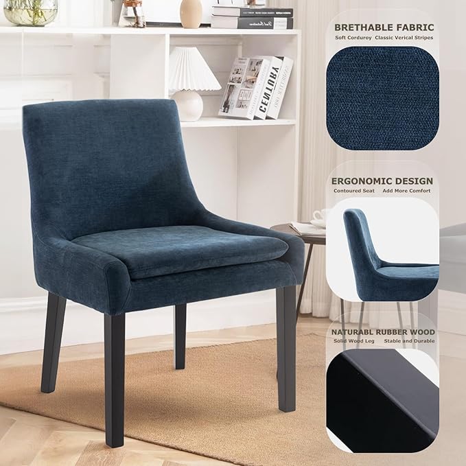 COLAMY Modern Dining Chairs Set of 2, Upholstered Corduroy Accent Side Leisure Chairs with Mid Back and Wood Legs for Living Room/Dining Room-Blue