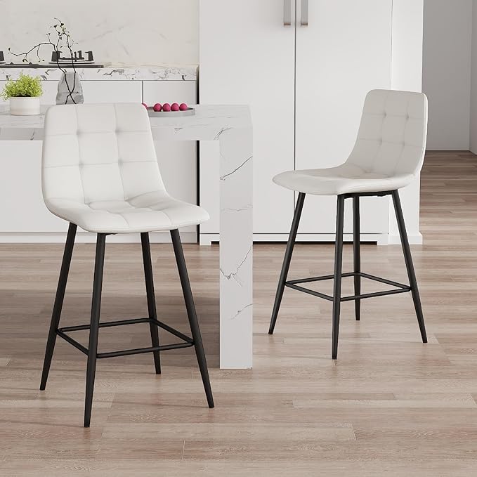 White Barstools Set of 2, 24.4" Counter Height Bar Stools with Back & Metal Footrest, Modern Island Chairs Set of 2 for Kitchens Island Home Bar