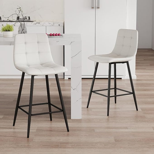White Barstools Set of 2, 24.4" Counter Height Bar Stools with Back & Metal Footrest, Modern Island Chairs Set of 2 for Kitchens Island Home Bar