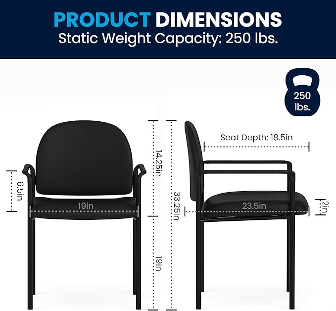 Flash Furniture Tiffany Side Reception Chair with Padded Armrests, Stackable Vinyl Waiting Room Chair for Commercial or Residential Use, Black