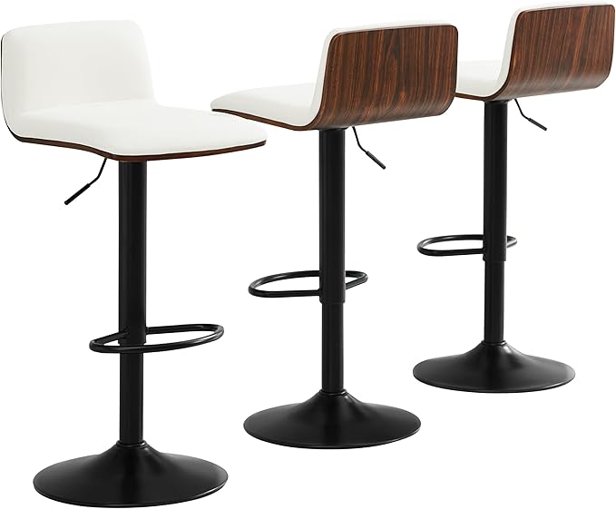 Set of 3 Swivel Bar Stools Adjustable Height, Faux Leather Barstools with Wooden Back and Footrest, Counter Height Bar Height Chairs for Kitchen Island, Dining Room, White