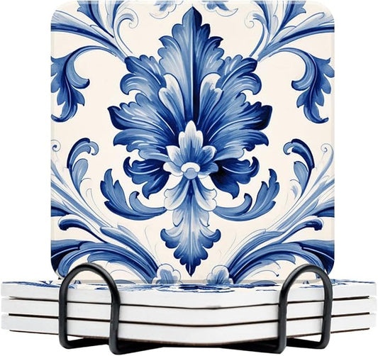 Drinking Coasters With Holder Set of 4 Water Absorbent Blue Watercolor Texture Elements China Flower Ceramic Coaster Tabletop Protection (Cork Base),Suitable for Various Cup,Home Decor,4 Inch