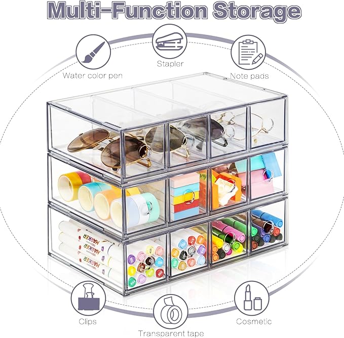 Desk Organizer with 12 Drawers, FODIENS 3 Packs Stackable Desktop Storage Box with Removable Drawer, Clear Sunglasses Organizer Display Case for Stationery Marker Pens Eyeglasses Office Supply